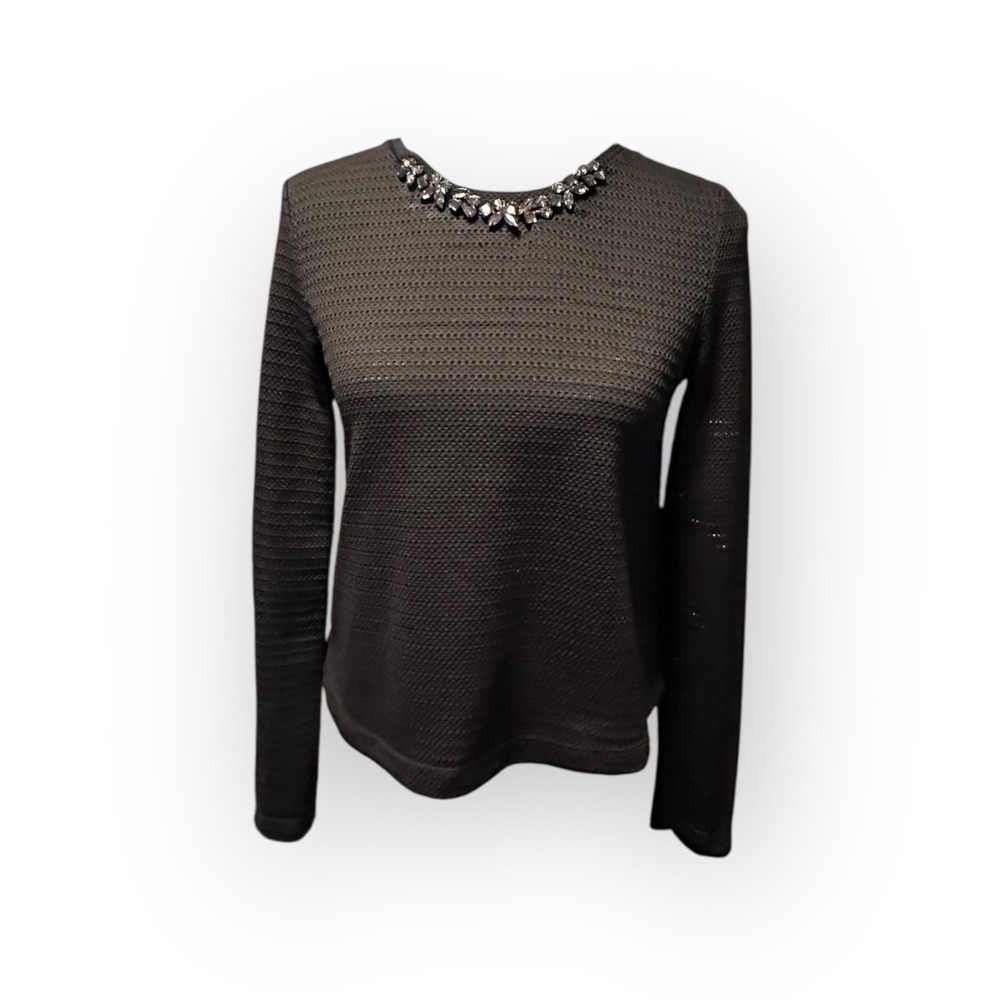 Zara Womens Medium Black Textured Knit Jewel Neck Long Sleeve‎ Top